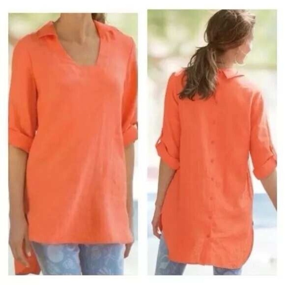 Soft Surroundings Morgana Linen Button Back V-Neck Tunic Top Coral Orange Size M